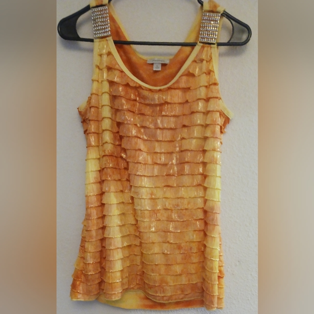 Dress Barn Orange & Yellow Metallic Rhinestone Ruffle Tank Top Size XL